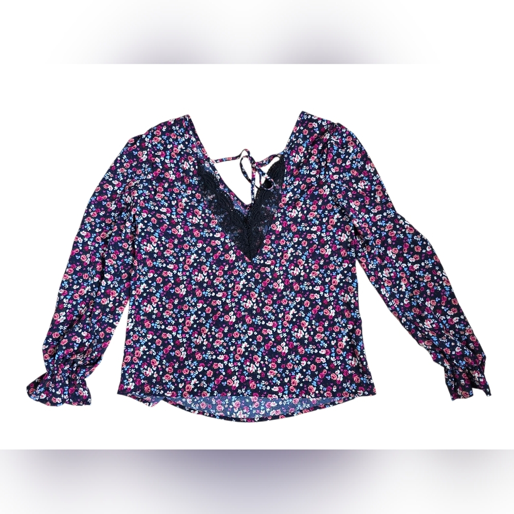 ♥️SHEIN Floral Print Peasant Blouse With Lace Detail And Open Tie Back Size XS